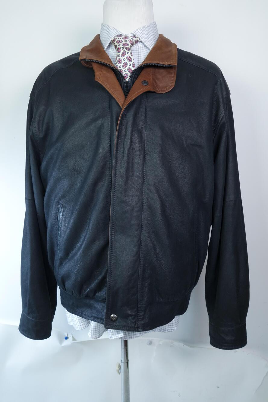 Remy Leather Bomber Jacket Mens 42 Black Zip Lined Brown Collar Made In USA